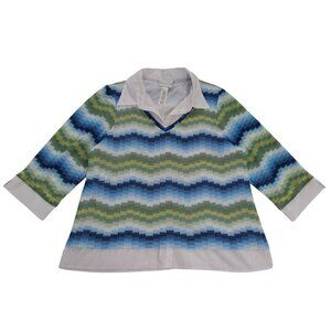 Alfred Dunner Knit Top Womens L Multicolor Chevron Patter Collared Layered Look